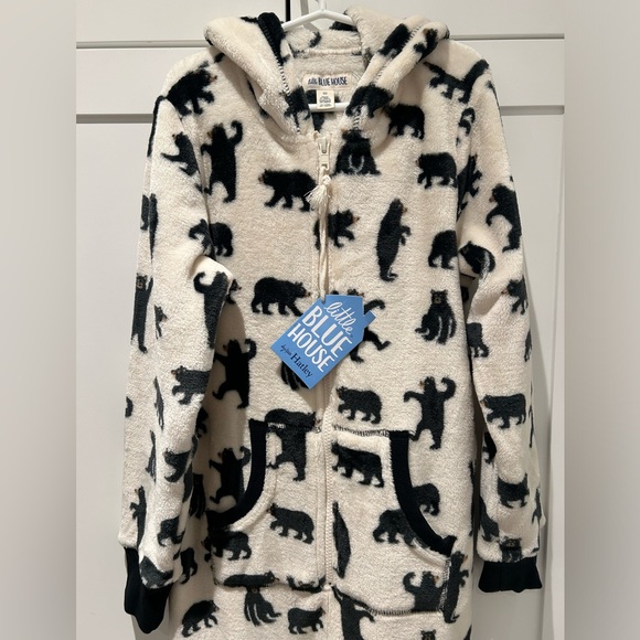 Black bears kids hooded fleece jumpsuit onesie “little blue horse” size 10 new! - Picture 1 of 7